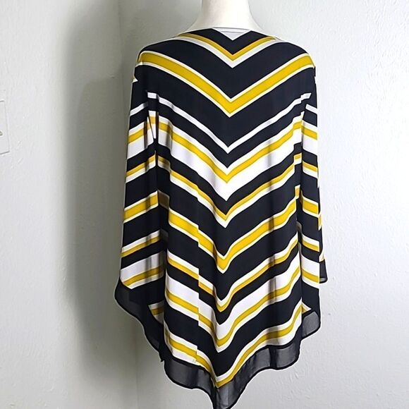 Alfani Black, White & Gold Stripe Top with V-Hemline & Bell Sleeves, Size XL - Picture 6 of 9
